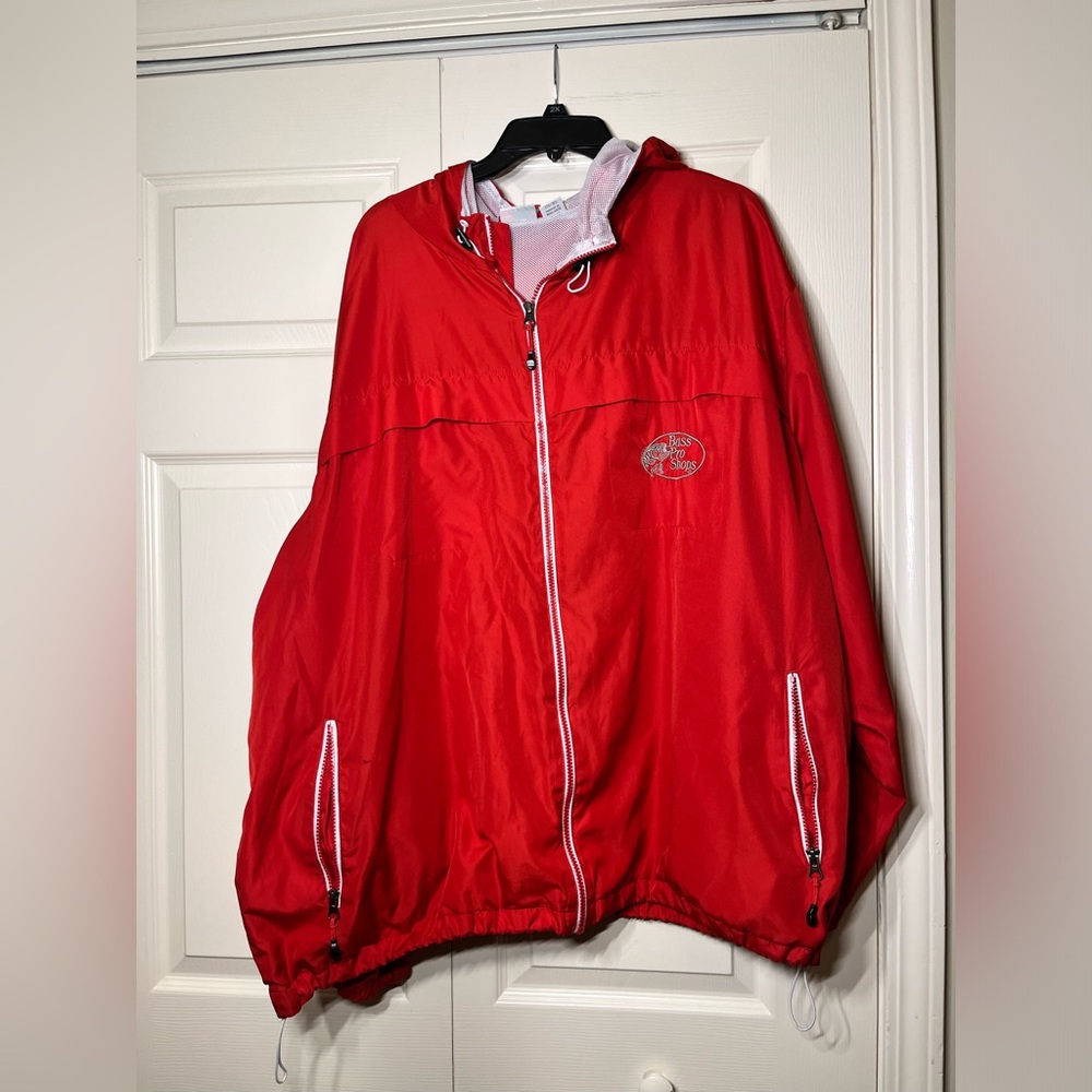 Bass Pro Shop Mens‎ Jacket Red Wind BreakerHooded Zipped Long Sleeve